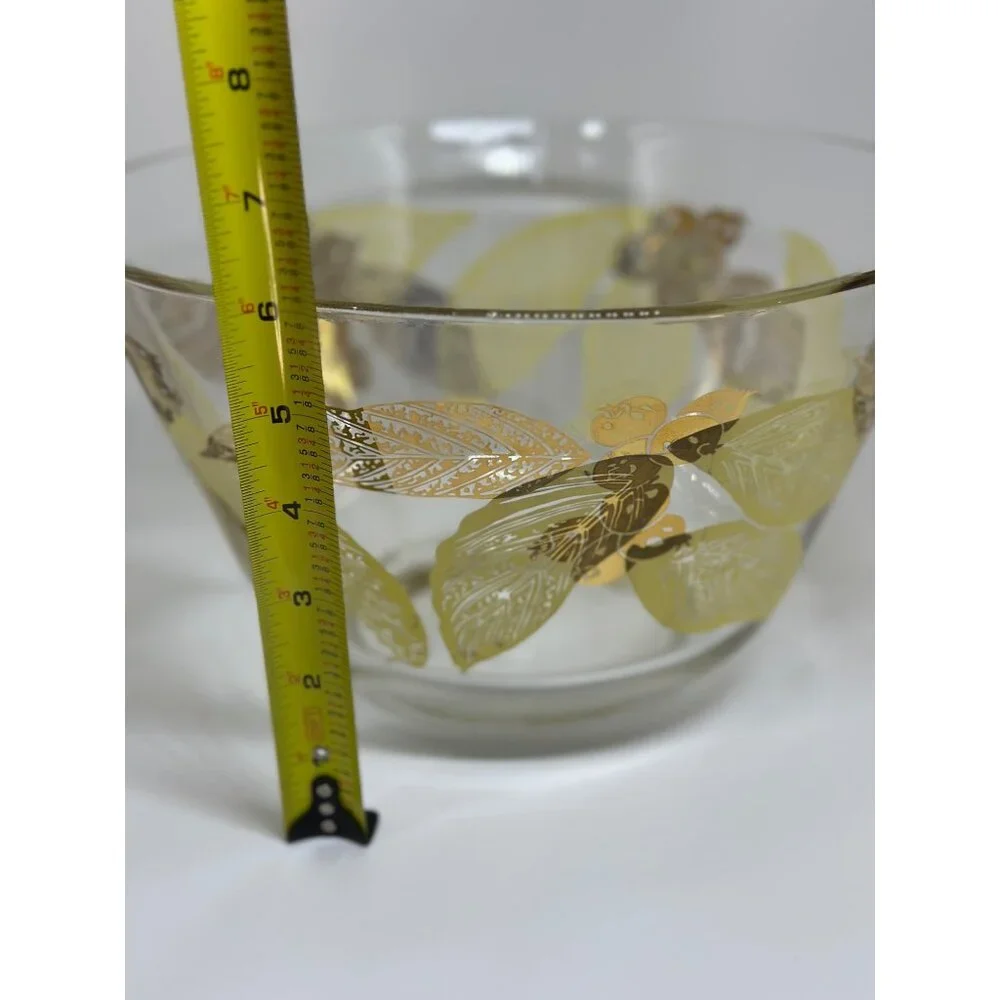 Vintage Anchor Hocking Gold Painted Fruit & Leaves MCM Glass Snack Bowl 6